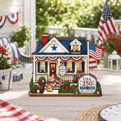 Personalized America 250 Cat Wooden House Block, Custom Family Name Patriotic Shelf Decor, 1776 2026 USA Gift for Cat Lover