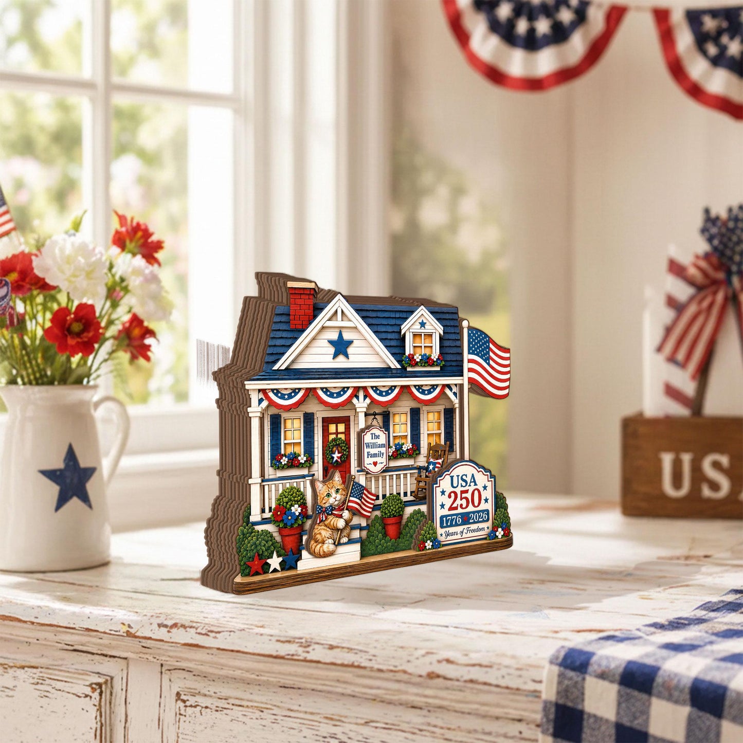 Personalized America 250 Cat Wooden House Block, Custom Family Name Patriotic Shelf Decor, 1776 2026 USA Gift for Cat Lover