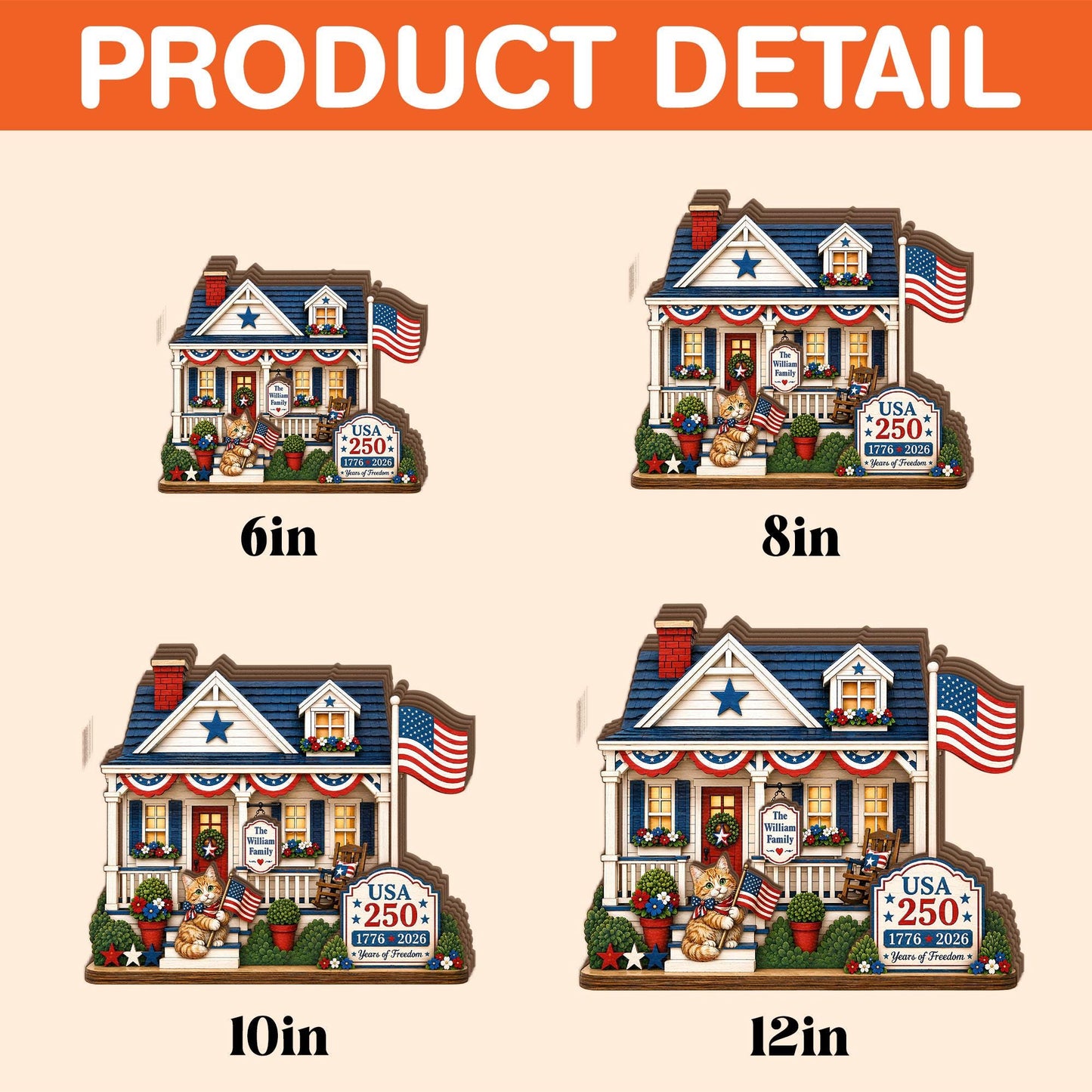 Personalized America 250 Cat Wooden House Block, Custom Family Name Patriotic Shelf Decor, 1776 2026 USA Gift for Cat Lover