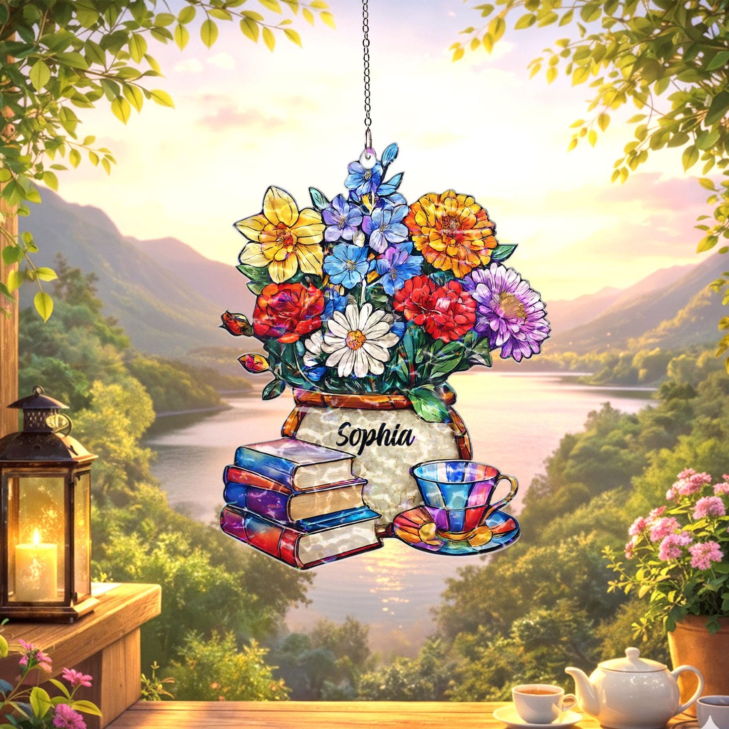 Personalized Book Lover Suncatcher, Custom Name Floral Window Hanging, Reading Nook Decor, Gift for Reader, Teacher Gift, Cozy Home Decor