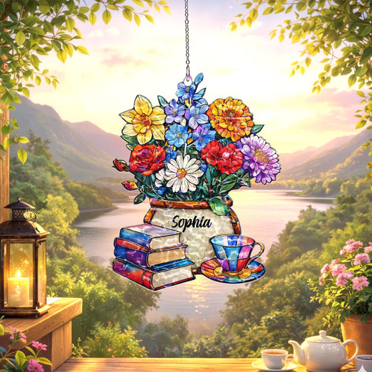 Personalized Book Lover Suncatcher, Custom Name Floral Window Hanging, Reading Nook Decor, Gift for Reader, Teacher Gift, Cozy Home Decor