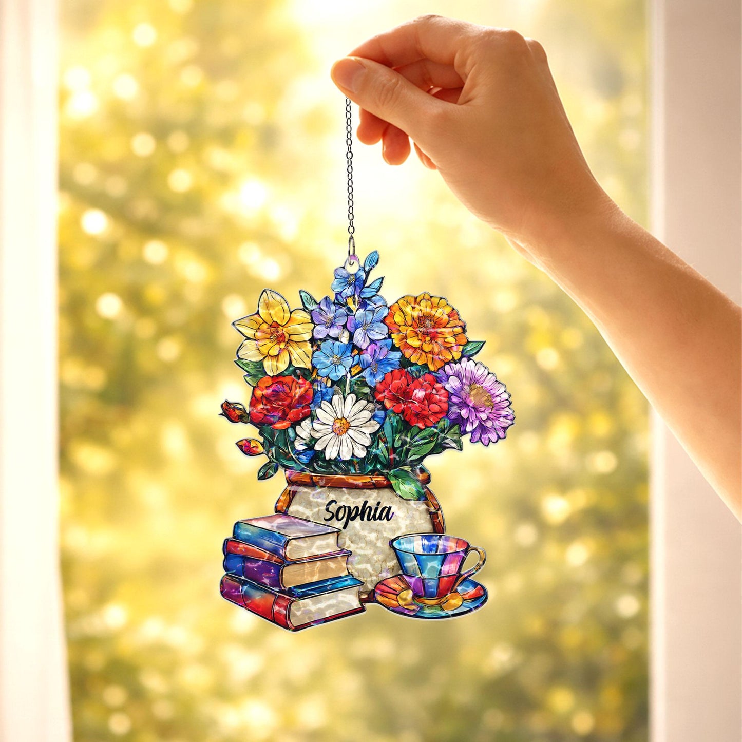 Personalized Book Lover Suncatcher, Custom Name Floral Window Hanging, Reading Nook Decor, Gift for Reader, Teacher Gift, Cozy Home Decor