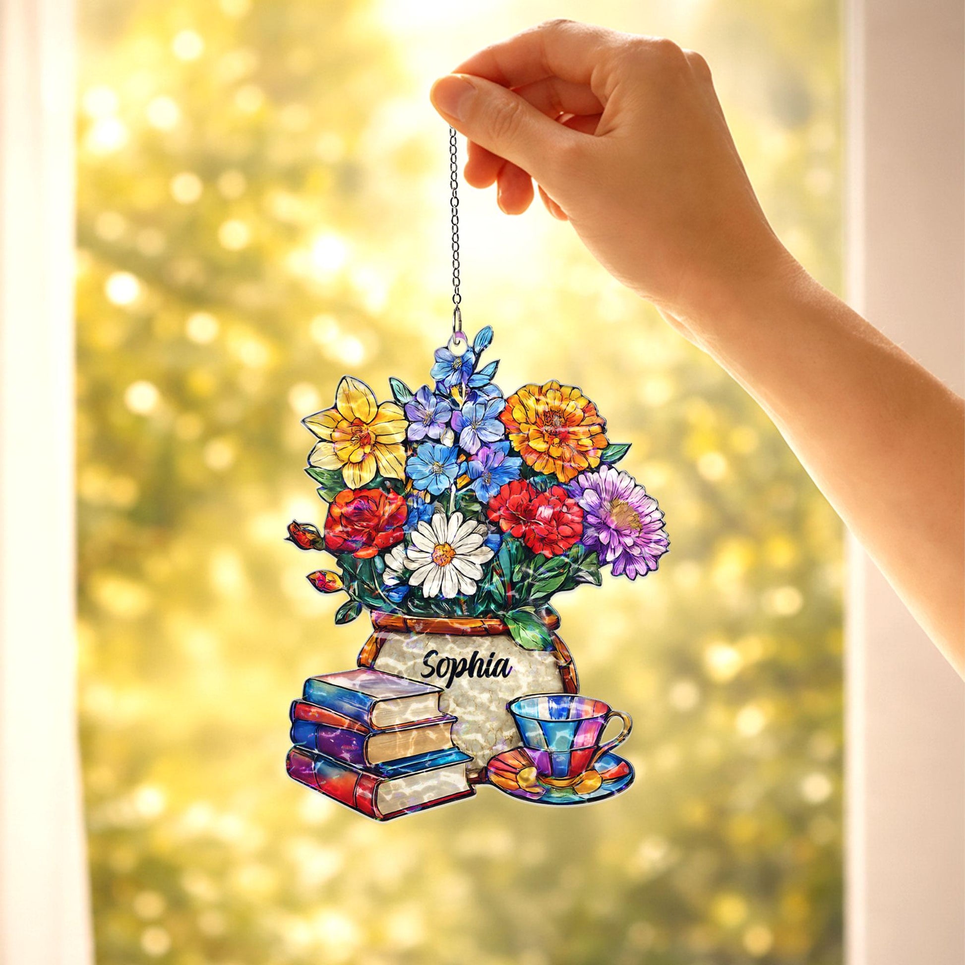 Personalized Book Lover Suncatcher, Custom Name Floral Window Hanging, Reading Nook Decor, Gift for Reader, Teacher Gift, Cozy Home Decor