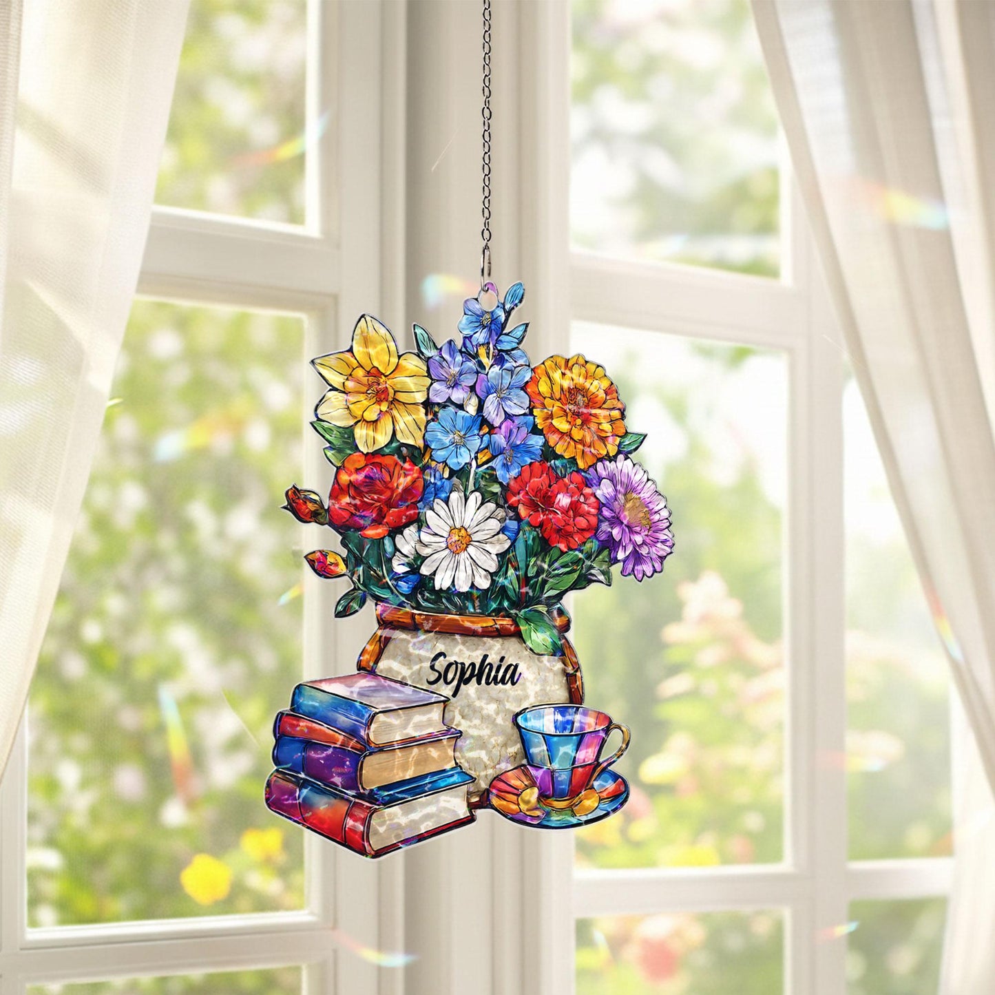 Personalized Book Lover Suncatcher, Custom Name Floral Window Hanging, Reading Nook Decor, Gift for Reader, Teacher Gift, Cozy Home Decor