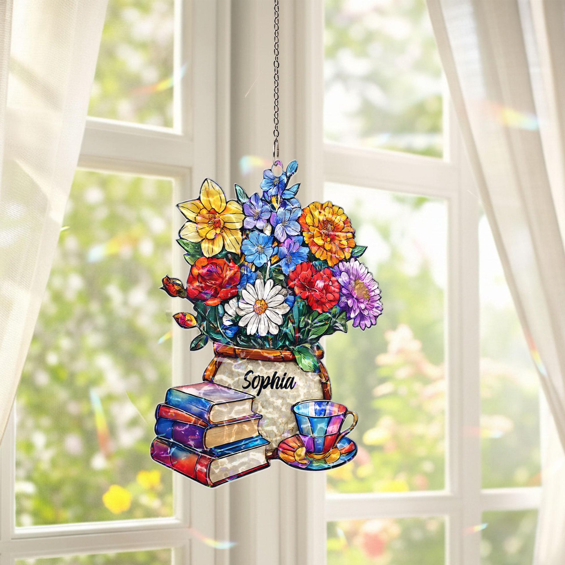 Personalized Book Lover Suncatcher, Custom Name Floral Window Hanging, Reading Nook Decor, Gift for Reader, Teacher Gift, Cozy Home Decor
