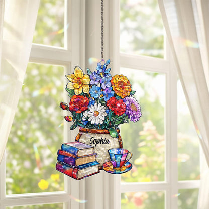 Personalized Book Lover Suncatcher, Custom Name Floral Window Hanging, Reading Nook Decor, Gift for Reader, Teacher Gift, Cozy Home Decor