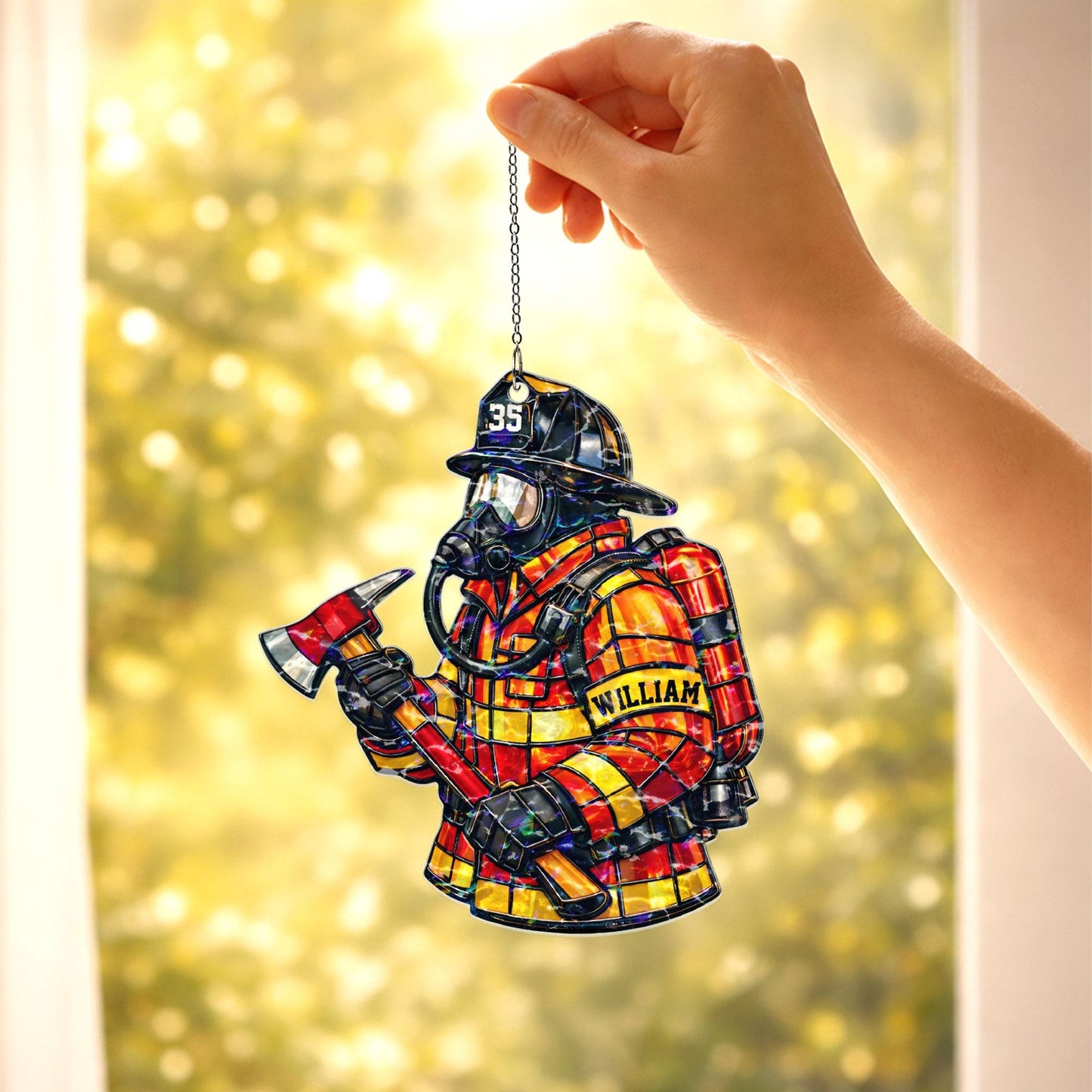 Personalized Firefighter Suncatcher, Custom Name Fireman Gift, First Responder Window Hanging Decor, Firefighter Gift, Retirement Gift