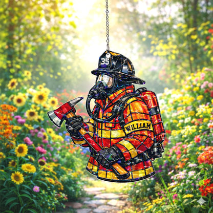 Personalized Firefighter Suncatcher, Custom Name Fireman Gift, First Responder Window Hanging Decor, Firefighter Gift, Retirement Gift