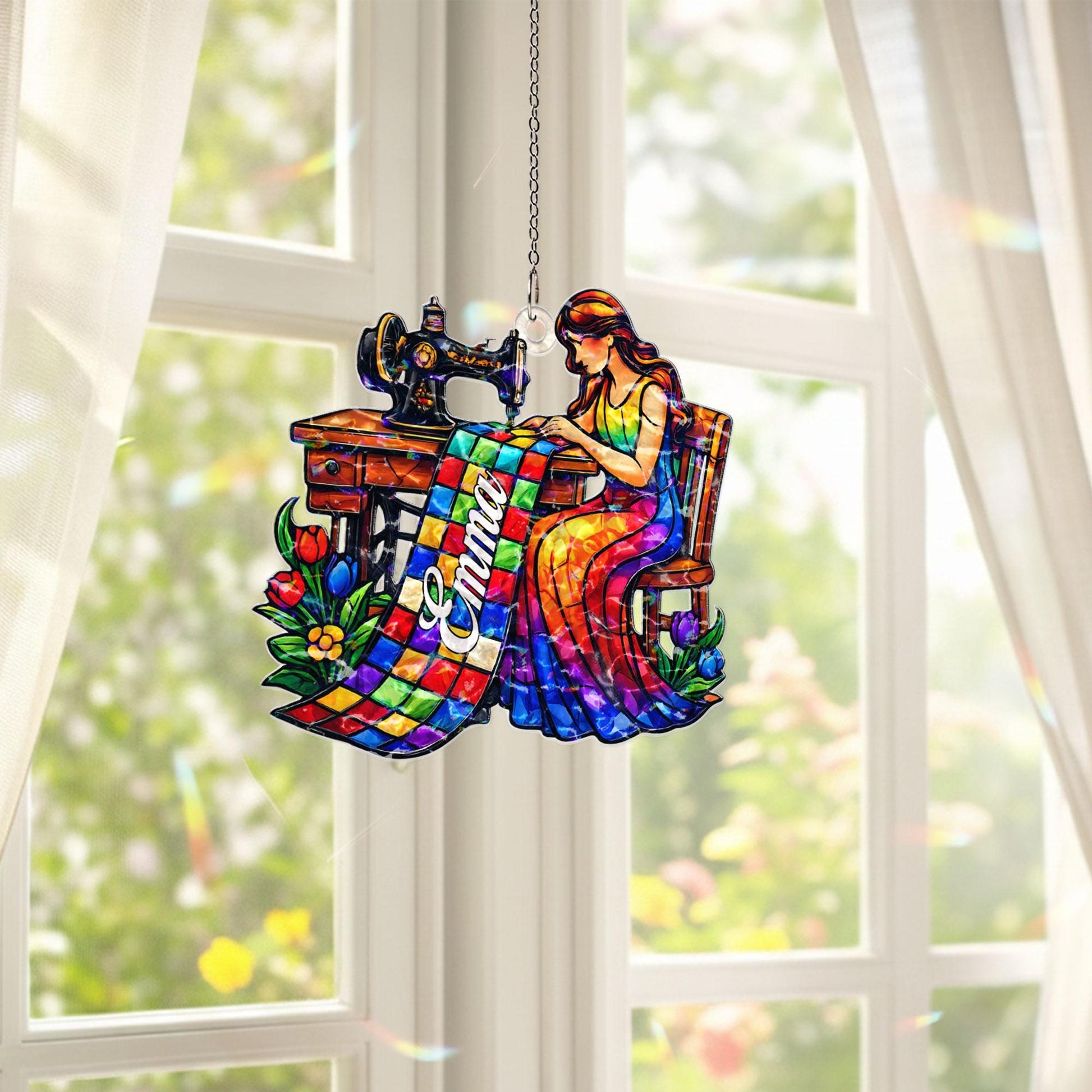 Personalized Quilter Suncatcher, Custom Name Sewing Gift for Mom, Quilting Window Hanging, Sewing Room Decor, Gift for Quilter, Grandma Gift
