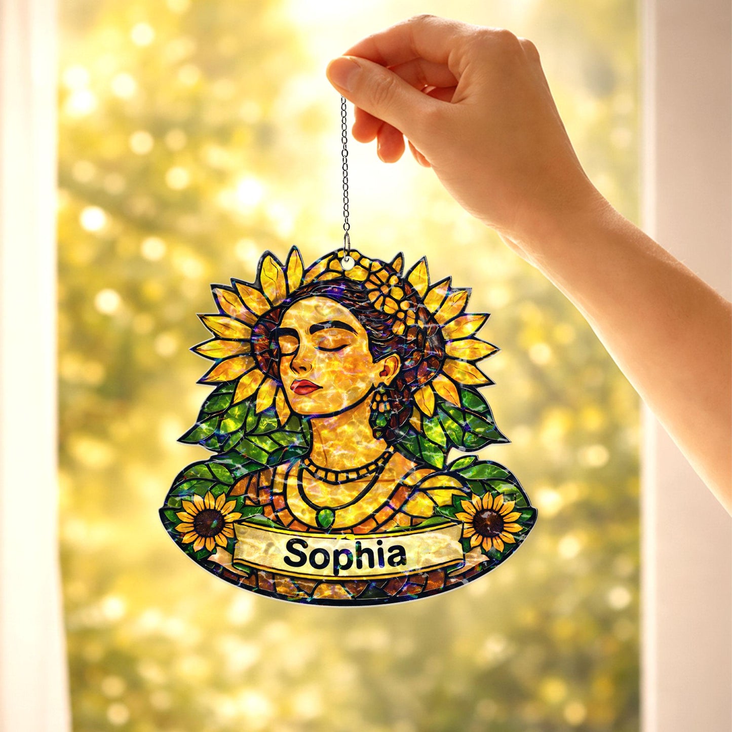 Personalized Sunflower Woman Suncatcher, Custom Name Acrylic Window Hanging, Floral Stained Glass Style Decor, Gift for Her, Mom Gift