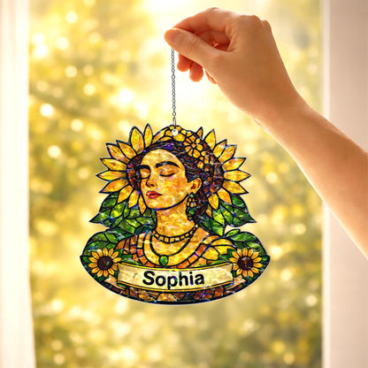 Personalized Sunflower Woman Suncatcher, Custom Name Acrylic Window Hanging, Floral Stained Glass Style Decor, Gift for Her, Mom Gift