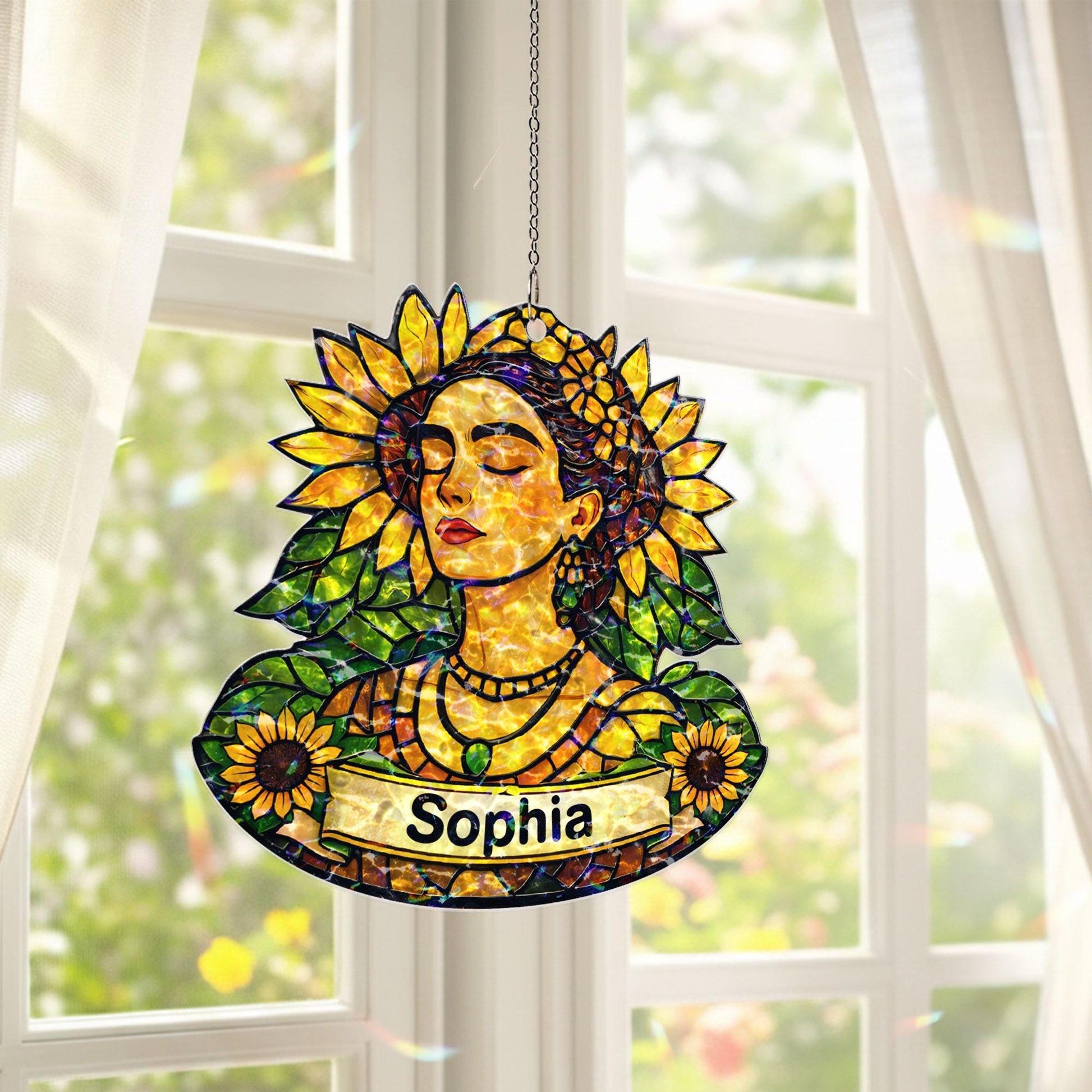 Personalized Sunflower Woman Suncatcher, Custom Name Acrylic Window Hanging, Floral Stained Glass Style Decor, Gift for Her, Mom Gift