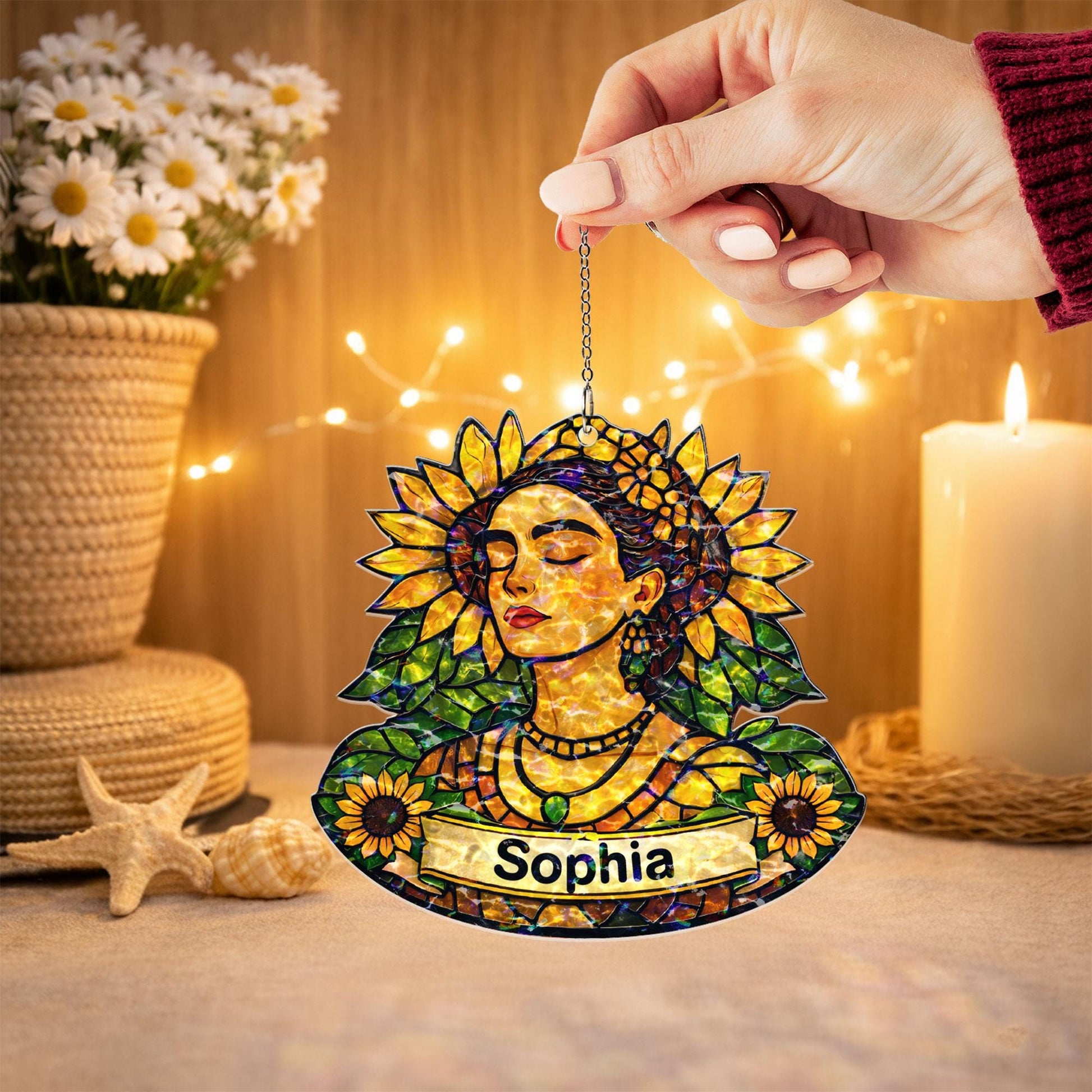 Personalized Sunflower Woman Suncatcher, Custom Name Acrylic Window Hanging, Floral Stained Glass Style Decor, Gift for Her, Mom Gift