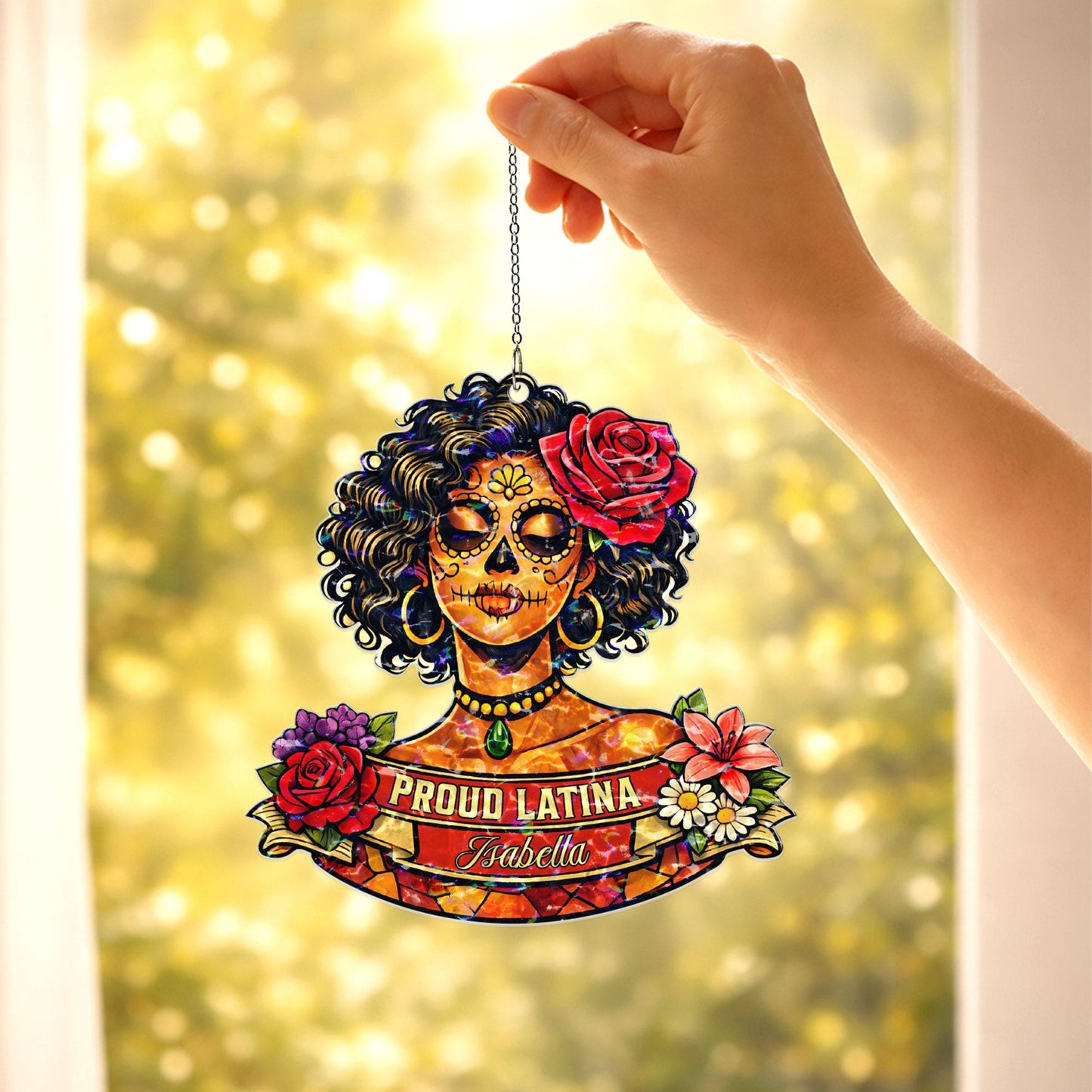 Personalized Proud Latina Suncatcher, Custom Name Sugar Skull Window Hanging, Latina Gift for Her, Hispanic Decor, Day of the Dead Gift