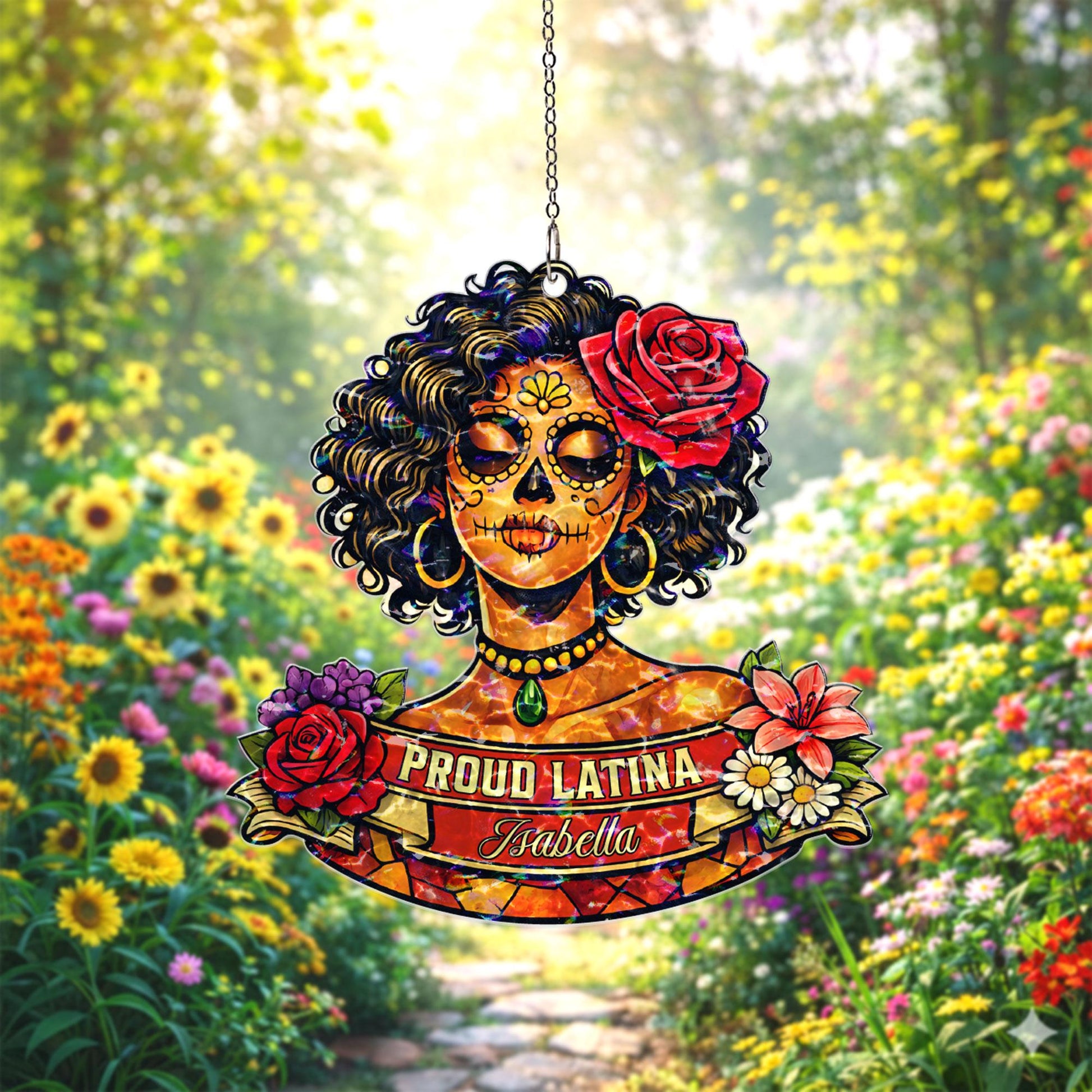 Personalized Proud Latina Suncatcher, Custom Name Sugar Skull Window Hanging, Latina Gift for Her, Hispanic Decor, Day of the Dead Gift