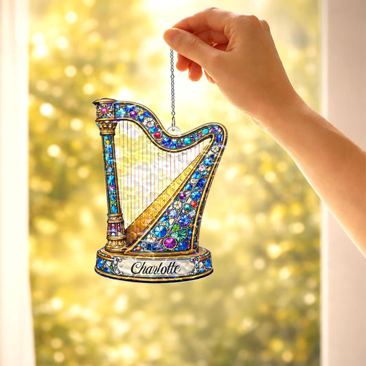 Personalized Harp Suncatcher, Custom Name Music Gift, Harp Player Gift for Her, Classical Music Window Hanging, Music Teacher Gift Decor