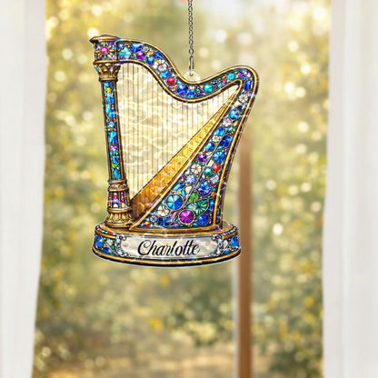 Personalized Harp Suncatcher, Custom Name Music Gift, Harp Player Gift for Her, Classical Music Window Hanging, Music Teacher Gift Decor