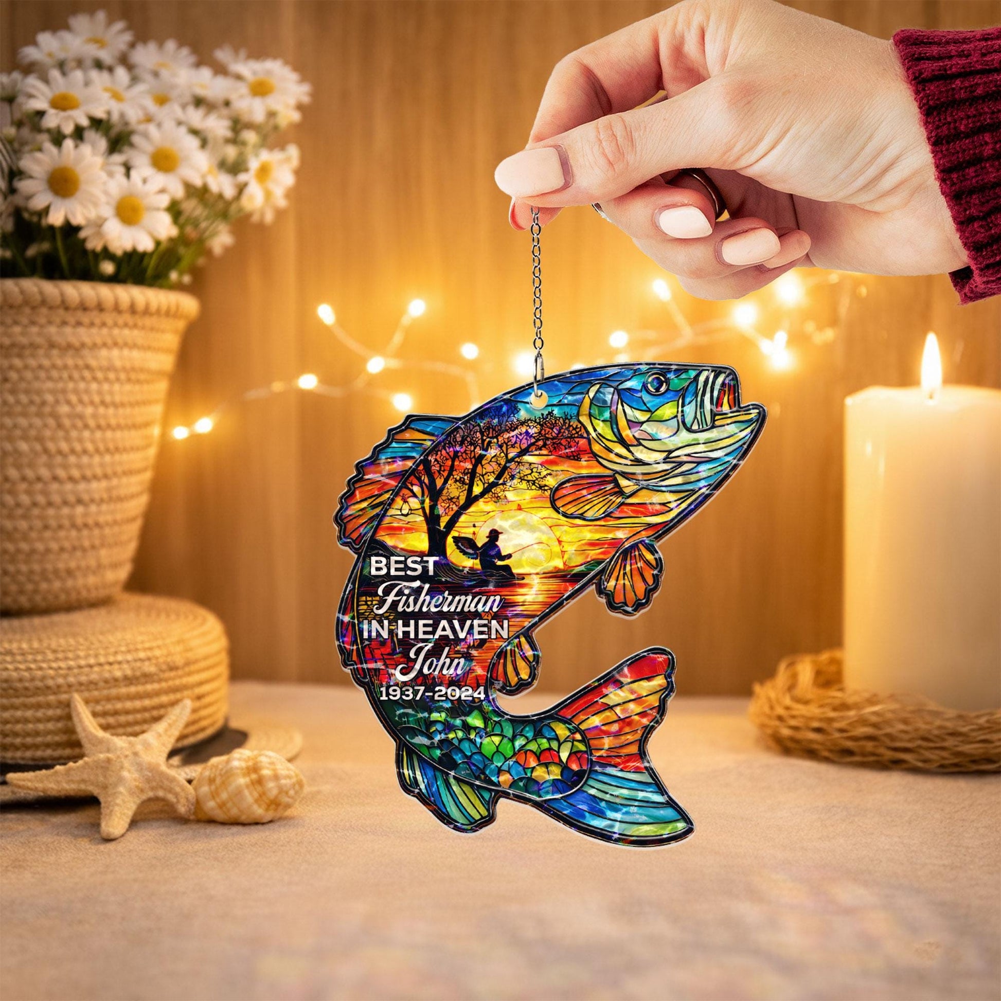 Fishing Memorial Suncatcher, Personalized Fisherman Gift In Memory Of Dad, Custom Name Sympathy Gift, In Loving Memory Window Hanging Decor
