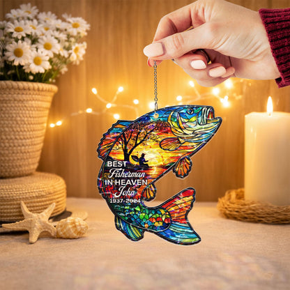 Fishing Memorial Suncatcher, Personalized Fisherman Gift In Memory Of Dad, Custom Name Sympathy Gift, In Loving Memory Window Hanging Decor