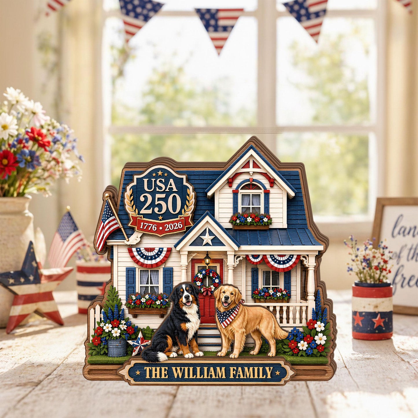 Personalized USA 250 Dog Family Wooden Block, Custom Patriotic Pet House Decor, 1776 2026 Family Name Shelf Sign Gift