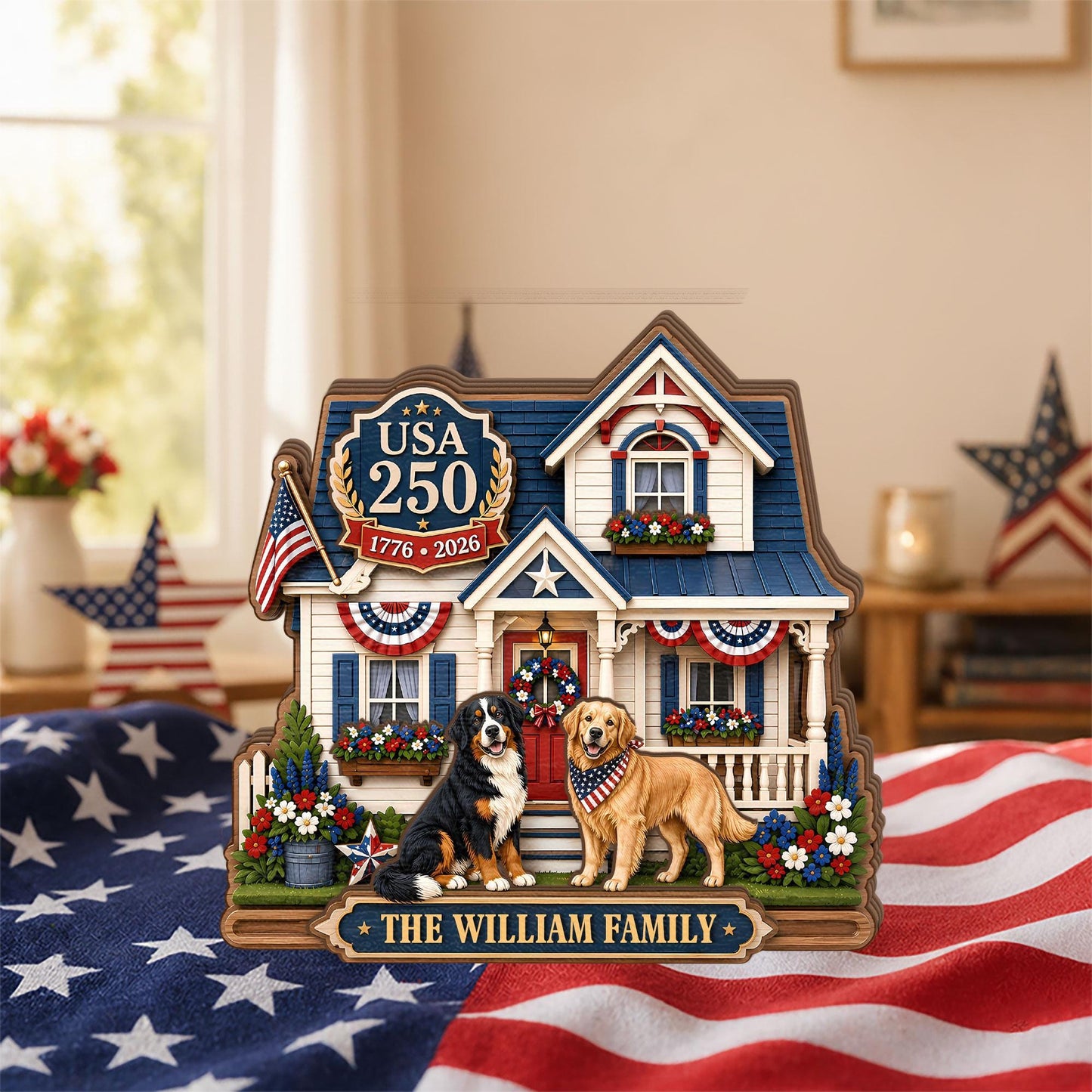 Personalized USA 250 Dog Family Wooden Block, Custom Patriotic Pet House Decor, 1776 2026 Family Name Shelf Sign Gift