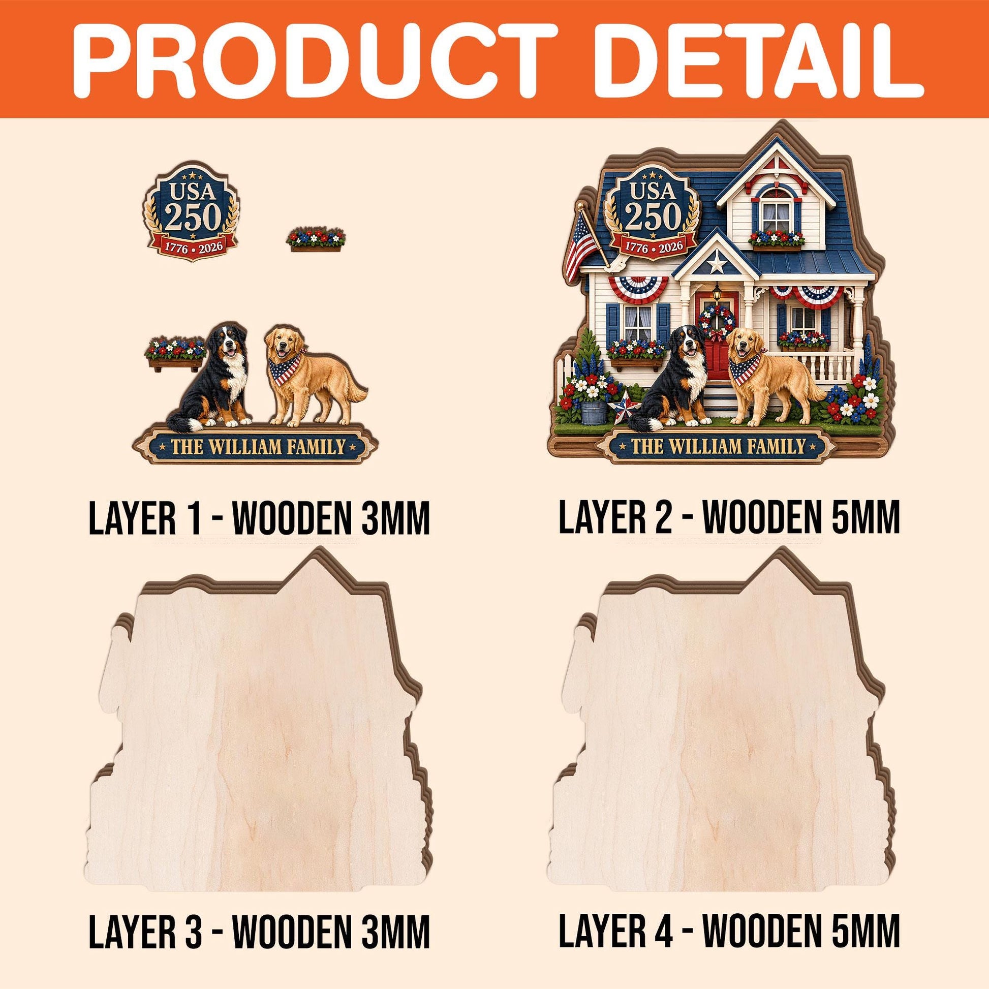 Personalized USA 250 Dog Family Wooden Block, Custom Patriotic Pet House Decor, 1776 2026 Family Name Shelf Sign Gift