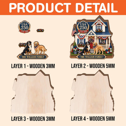 Personalized USA 250 Dog Family Wooden Block, Custom Patriotic Pet House Decor, 1776 2026 Family Name Shelf Sign Gift