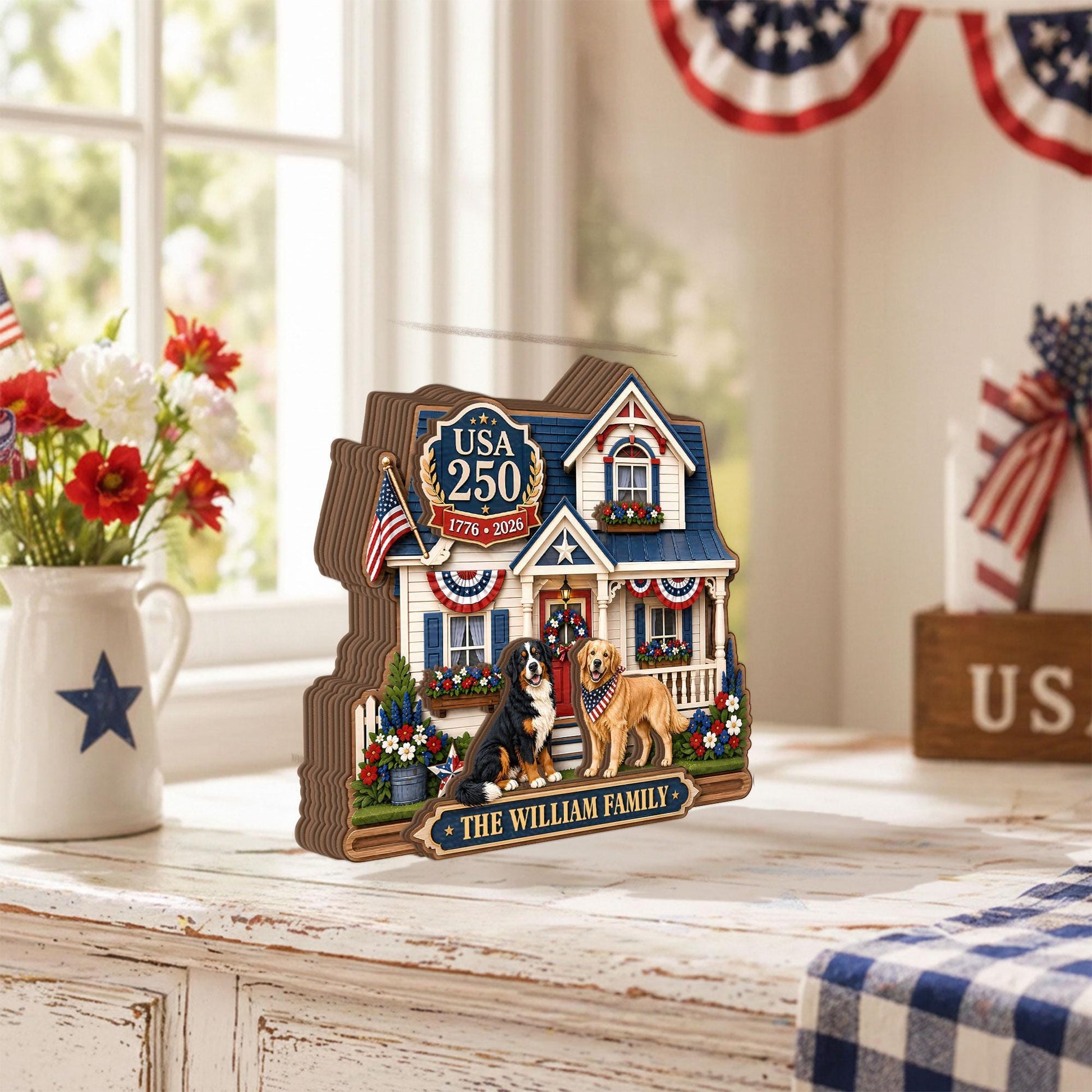 Personalized USA 250 Dog Family Wooden Block, Custom Patriotic Pet House Decor, 1776 2026 Family Name Shelf Sign Gift