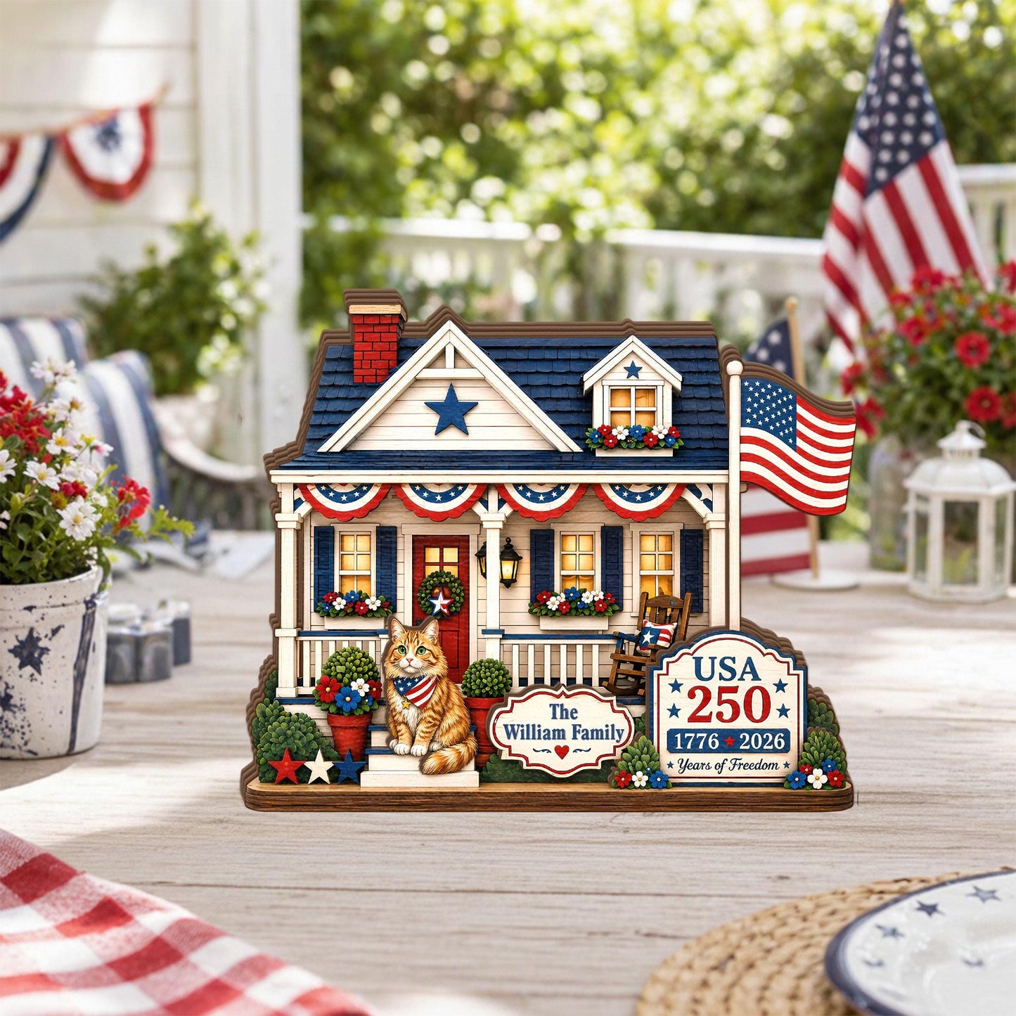 Personalized USA 250 Cat Family Wooden Block, Custom Patriotic House Shelf Decor, 1776 2026 Cat Lover Family Gift