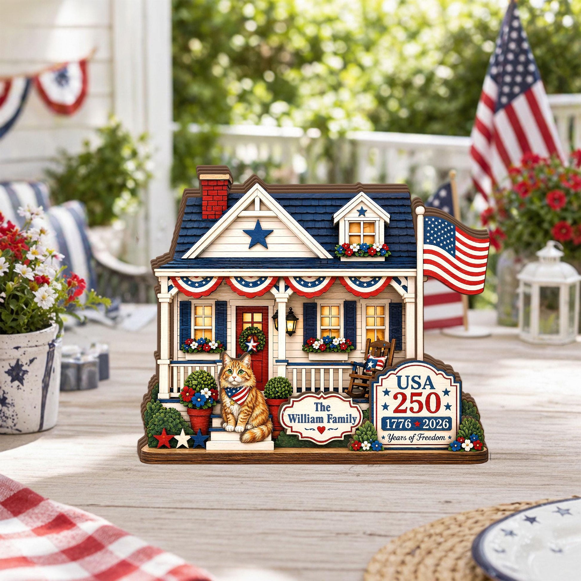 Personalized USA 250 Cat Family Wooden Block, Custom Patriotic House Shelf Decor, 1776 2026 Cat Lover Family Gift