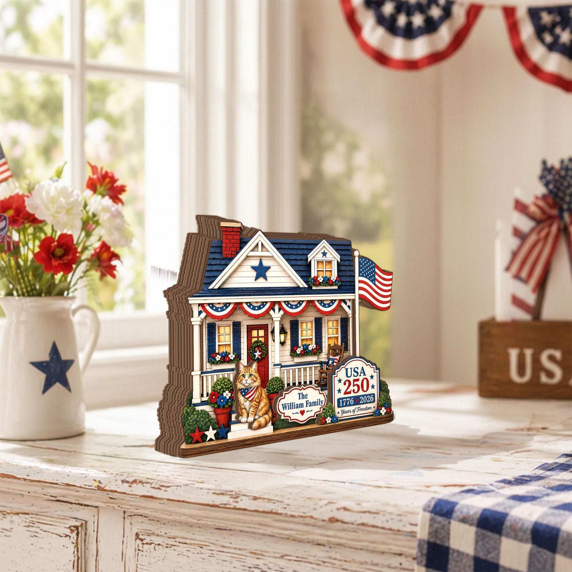 Personalized USA 250 Cat Family Wooden Block, Custom Patriotic House Shelf Decor, 1776 2026 Cat Lover Family Gift