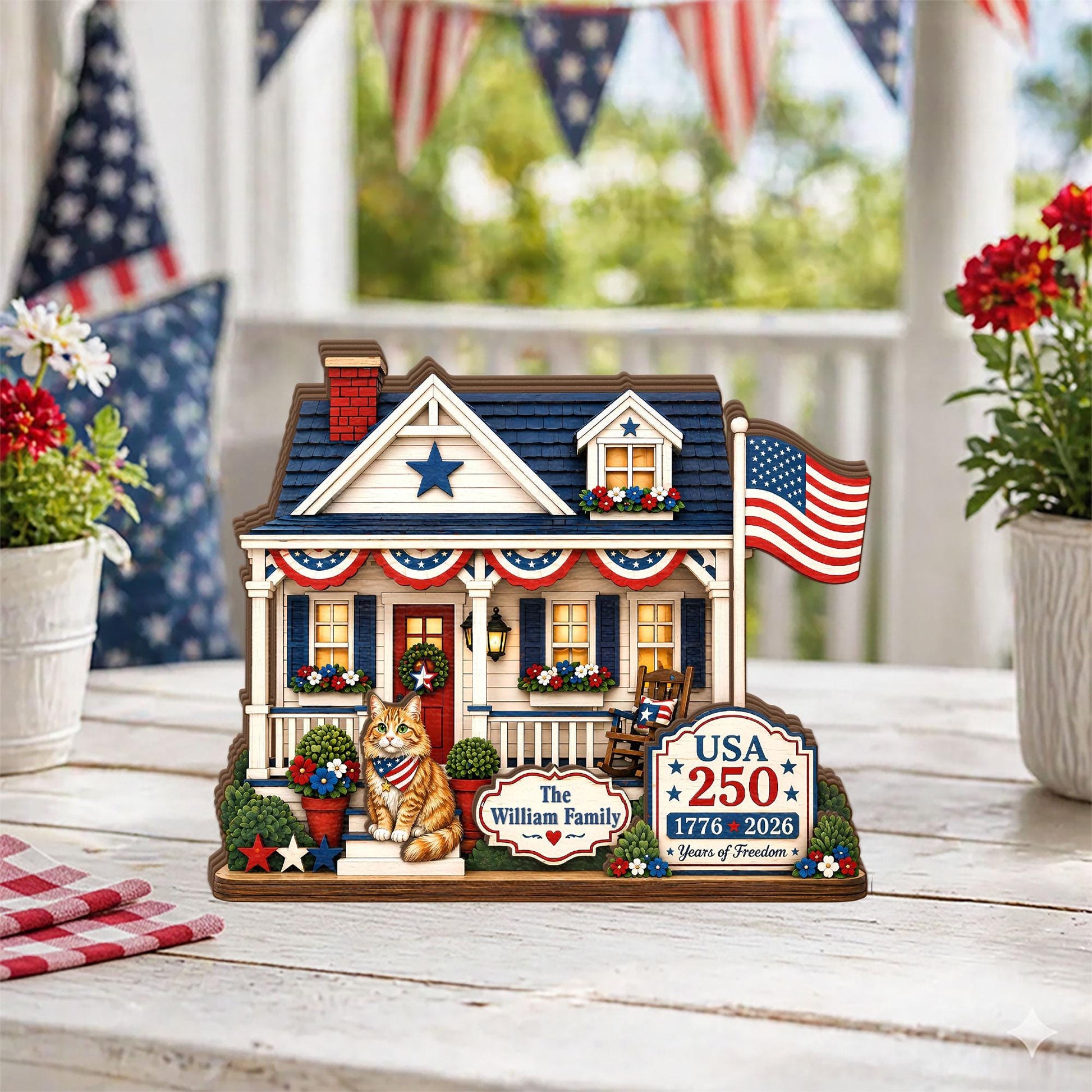 Personalized USA 250 Cat Family Wooden Block, Custom Patriotic House Shelf Decor, 1776 2026 Cat Lover Family Gift