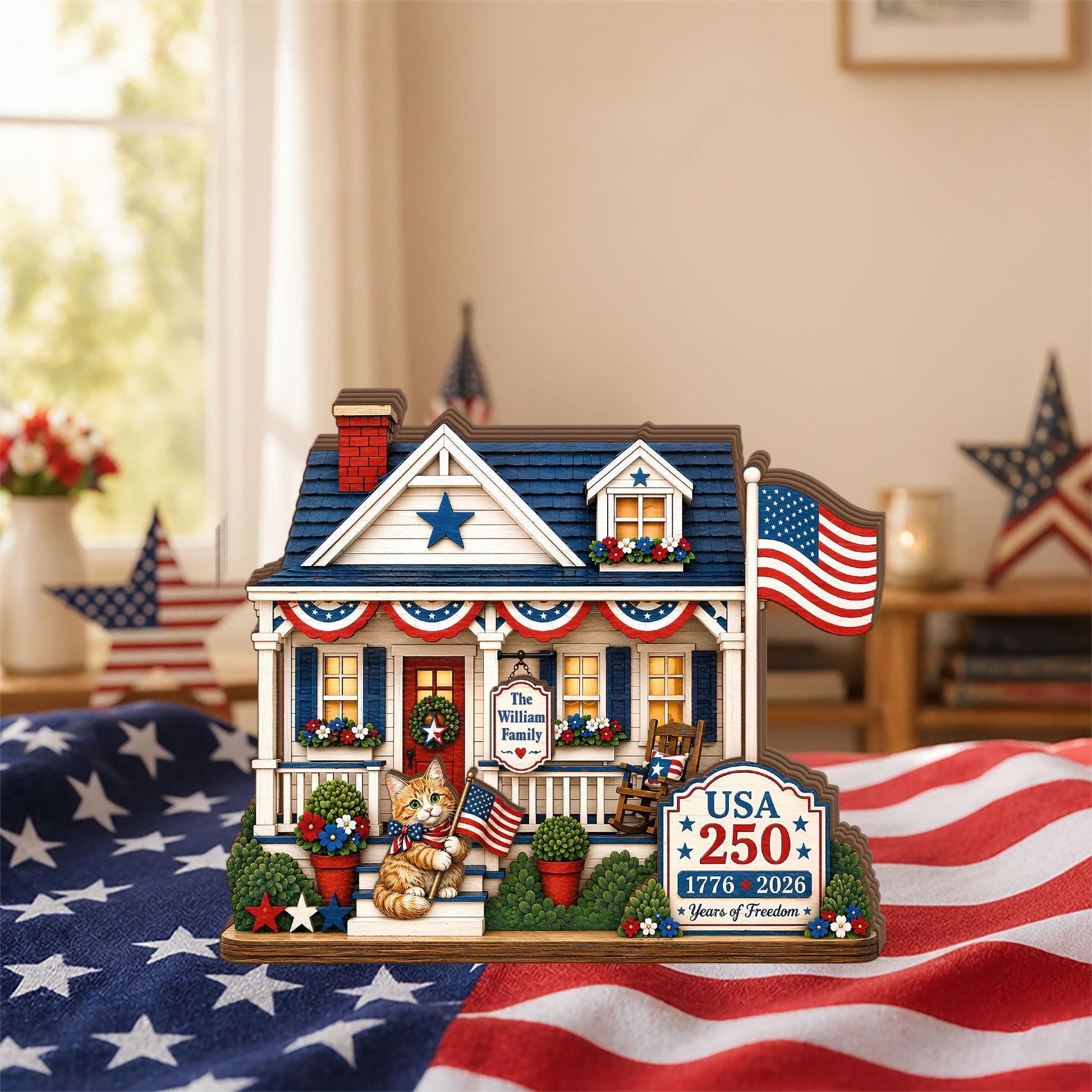 Personalized America 250 Cat Wooden House Block, Custom Family Name Patriotic Shelf Decor, 1776 2026 USA Gift for Cat Lover