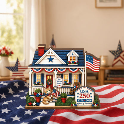 Personalized America 250 Cat Wooden House Block, Custom Family Name Patriotic Shelf Decor, 1776 2026 USA Gift for Cat Lover