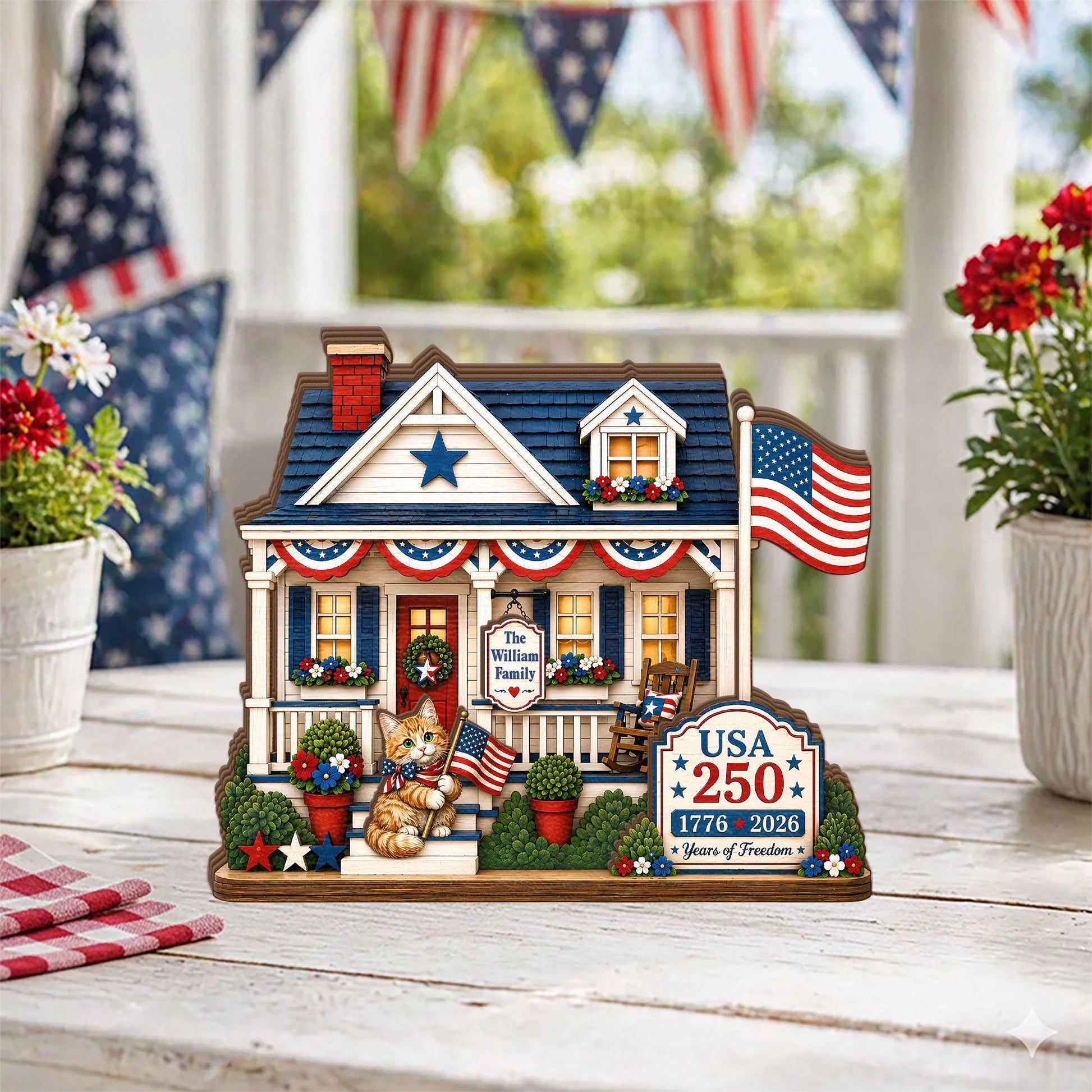 Personalized America 250 Cat Wooden House Block, Custom Family Name Patriotic Shelf Decor, 1776 2026 USA Gift for Cat Lover